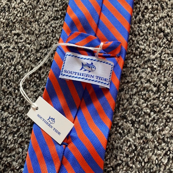 Southern Tide Orange & Blue Diagonally Striped Tie - Picture 2 of 5
